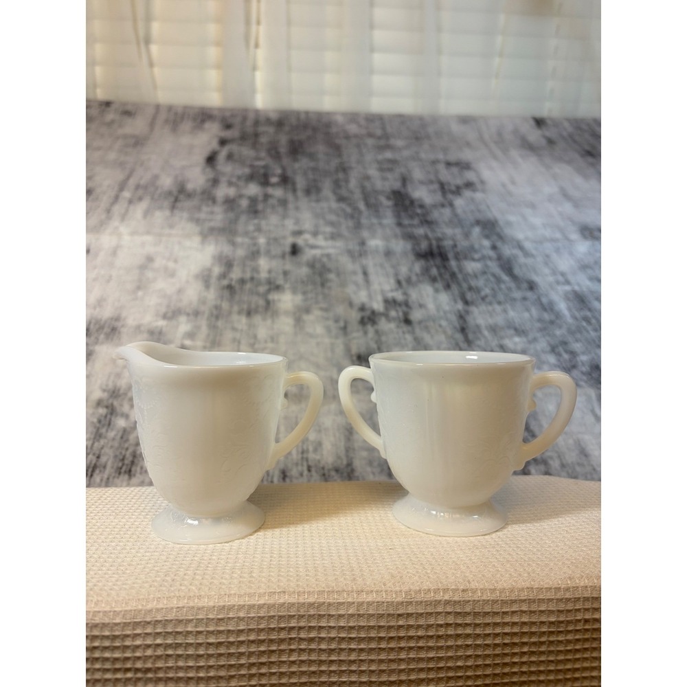 Fire-King Alice White Lace Milk Glass Creamer and Sugar Bowl Set Footed Vintage